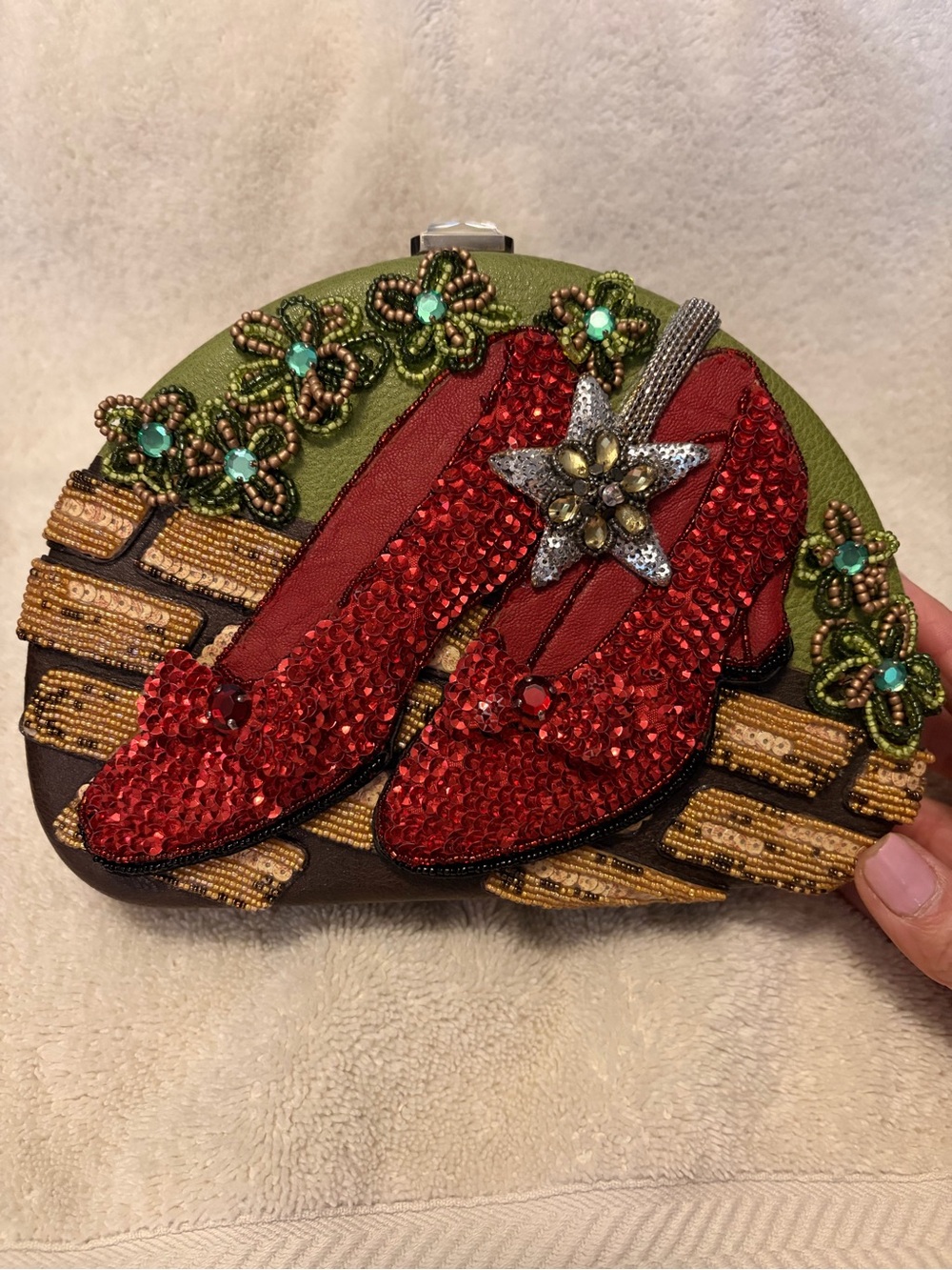 Mary Frances Red Sequin Shoe Clutch with Green Floral Accents